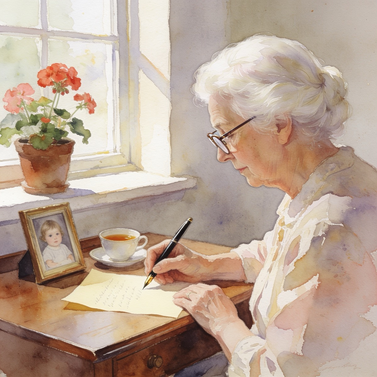 Aquarell-Illustration: eine Großmutter schreibt am Schreibtisch einen Brief, daneben ein gerahmtes Foto ihres Enkelkinds