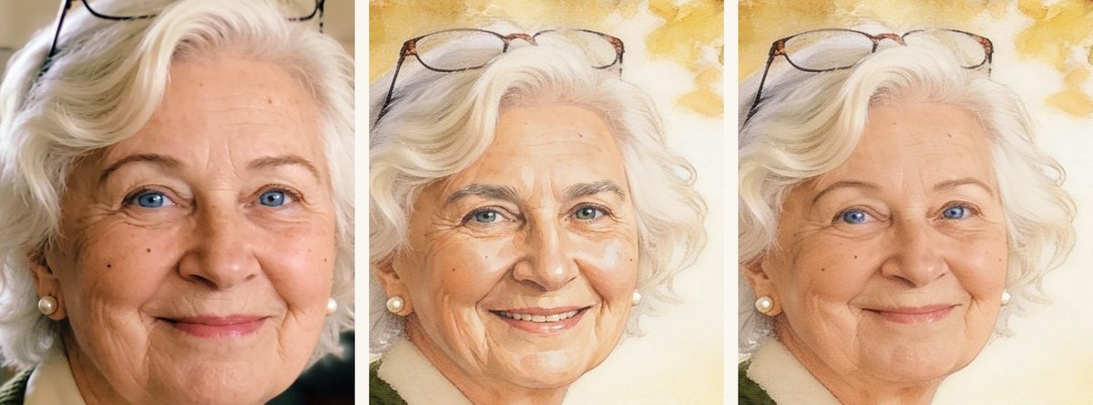 Drei Nahaufnahmen nebeneinander: das Referenzfoto, das abgedriftete gemalte Gesicht und das gemalte Gesicht nach der Korrektur