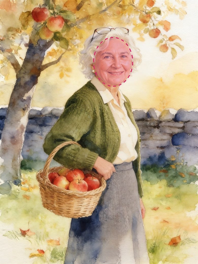 Dasselbe Bild mit einer rosa Markierung nur über dem Gesicht der Großmutter