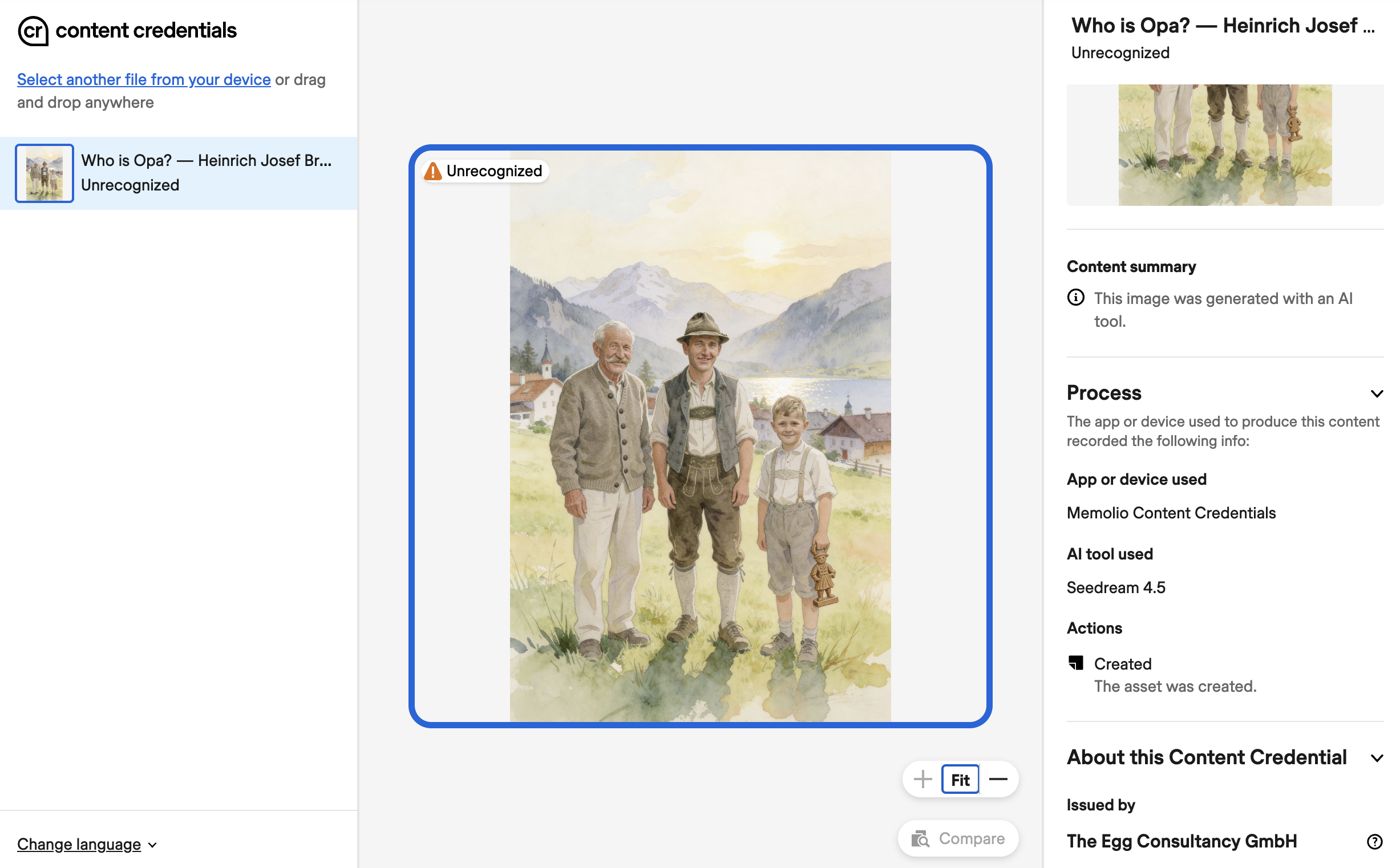 Content Credentials verification panel showing a Memolio AI-illustrated book page, with metadata confirming it was generated by Seedream 4.5