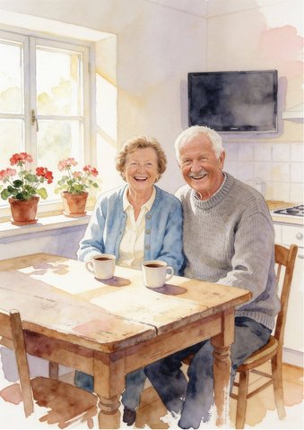 Ganzseitige Illustration: die beiden heute beim Kaffee am Küchentisch