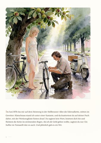 Beispielseite: Juni 1978, er flickt ihre Fahrradkette im Regen unter einer Kastanie