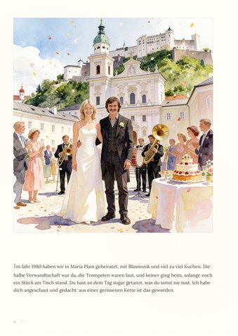 Beispielseite: die Hochzeit 1980 in Maria Plain, mit Blasmusik und viel zu viel Kuchen