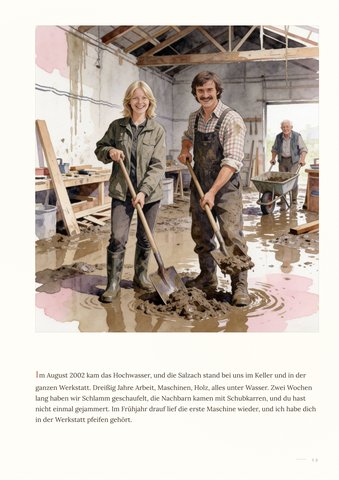 Beispielseite: August 2002, gemeinsam nach dem Hochwasser beim Aufräumen der Werkstatt