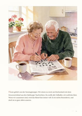 Beispielseite: Sonntagmorgen, zu zweit über dem Kreuzworträtsel