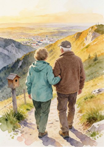 Ganzseitige Illustration: die beiden heute auf einem Bergweg über dem Tal