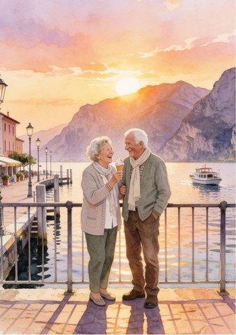 Rückseite des Beispielbuchs: die beiden am Hafen von Malcesine am Gardasee bei Sonnenuntergang