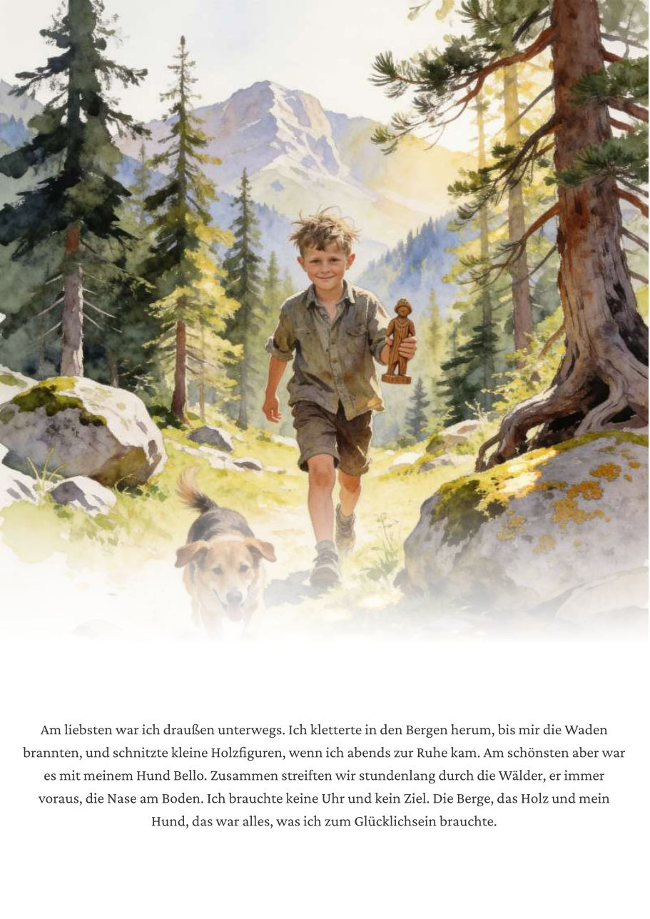 Echte Seite aus einem Memolio-Buch: der Großvater als Junge mit seinem Hund in den Bergen