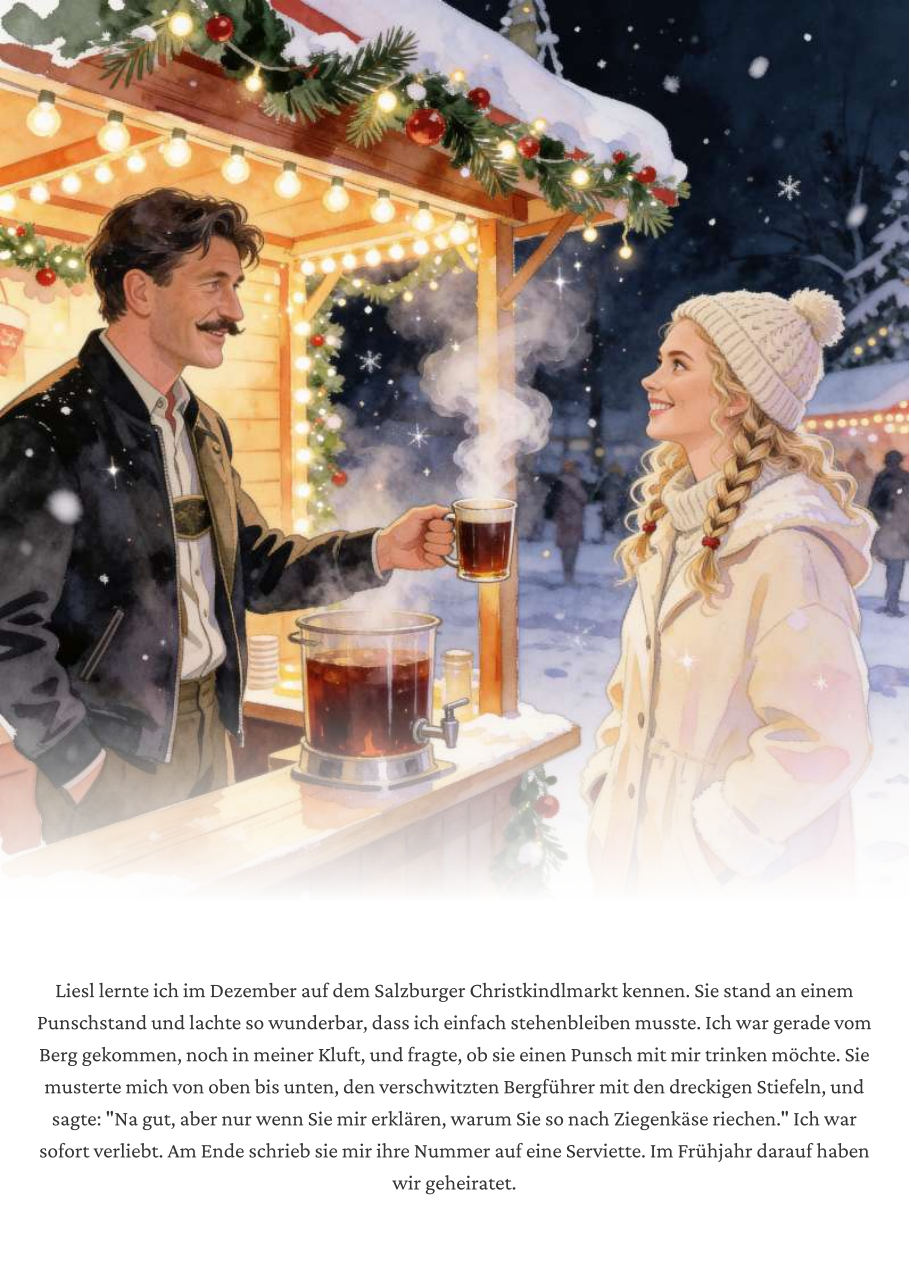 Illustrierte Seite aus einem Memolio-Buch: ein Besuch am Christkindlmarkt in Aquarell