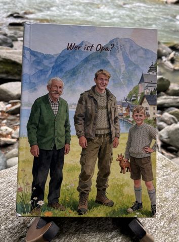 Das gedruckte Buch „Wer ist Opa?“ am Fluss: Vorderseite