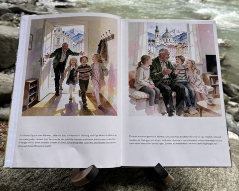 Das gedruckte Buch „Wer ist Opa?“ am Fluss: Aufgeschlagen, Doppelseite 1