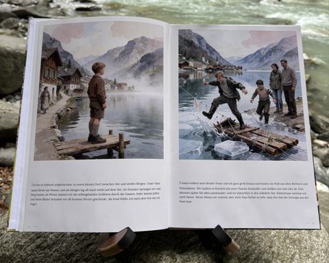 Das gedruckte Buch „Wer ist Opa?“ am Fluss: Aufgeschlagen, Doppelseite 3