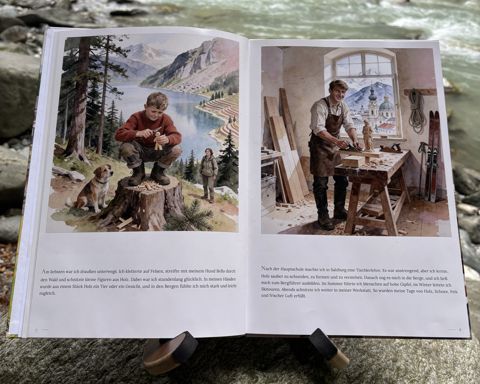 Das gedruckte Buch „Wer ist Opa?“ am Fluss: Aufgeschlagen, Doppelseite 4