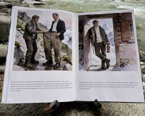 Das gedruckte Buch „Wer ist Opa?“ am Fluss: Aufgeschlagen, Doppelseite 5