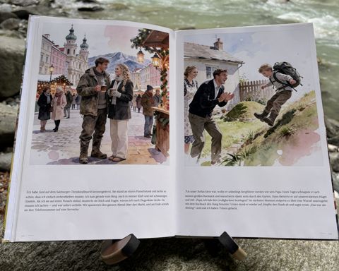 Das gedruckte Buch „Wer ist Opa?“ am Fluss: Aufgeschlagen, Doppelseite 6
