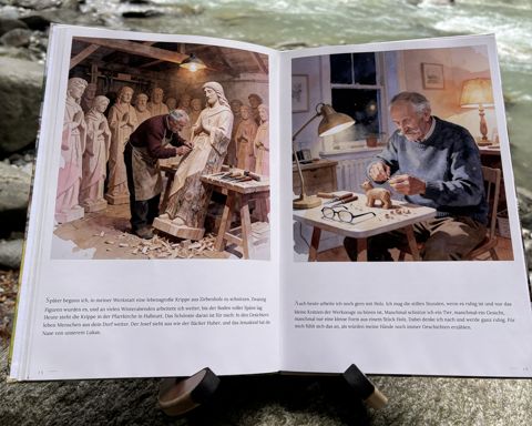 Das gedruckte Buch „Wer ist Opa?“ am Fluss: Aufgeschlagen, Doppelseite 8