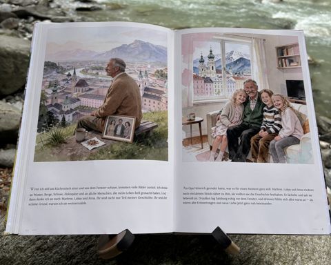 Das gedruckte Buch „Wer ist Opa?“ am Fluss: Aufgeschlagen, Doppelseite 9