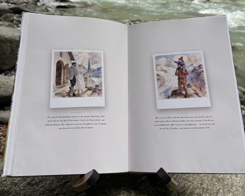 Das gedruckte Buch „Wer ist Opa?“ am Fluss: Aufgeschlagen, Doppelseite 10