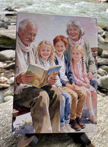 Das gedruckte Buch „Wer ist Opa?“ am Fluss: Rückseite