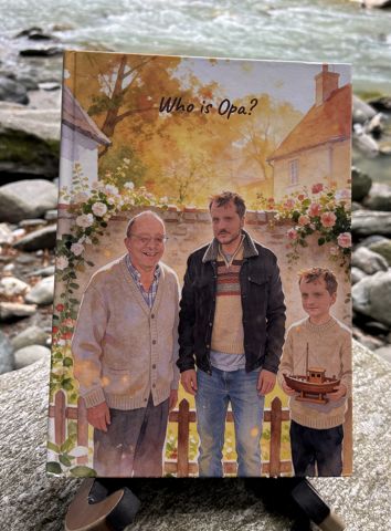 The printed book “Who is Opa?” by a river: Front cover