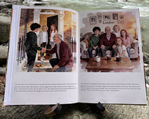 The printed book “Who is Opa?” by a river: Open at spread 1