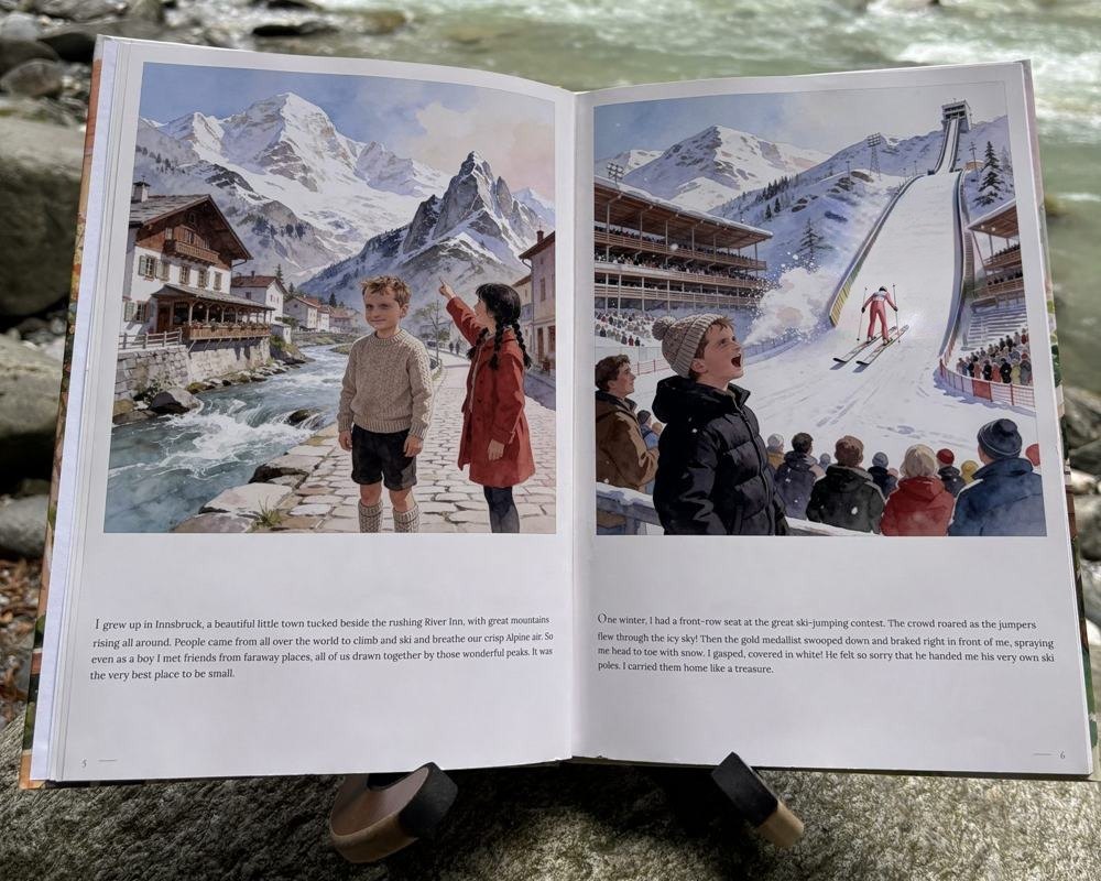 The printed book “Who is Opa?” by a river: Open at spread 3