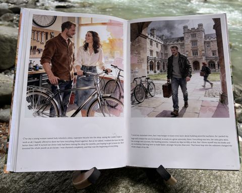 The printed book “Who is Opa?” by a river: Open at spread 5