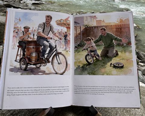 The printed book “Who is Opa?” by a river: Open at spread 6