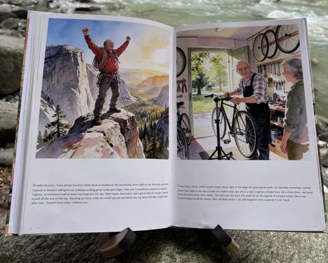 The printed book “Who is Opa?” by a river: Open at spread 7