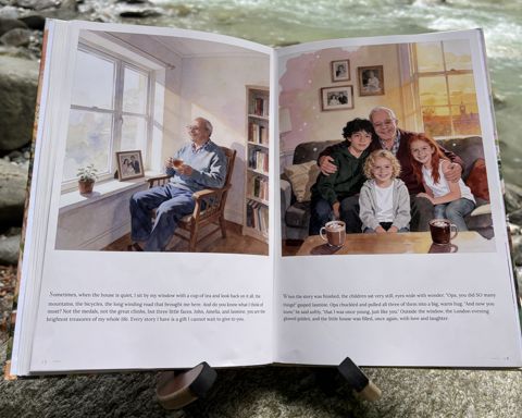 The printed book “Who is Opa?” by a river: Open at spread 9
