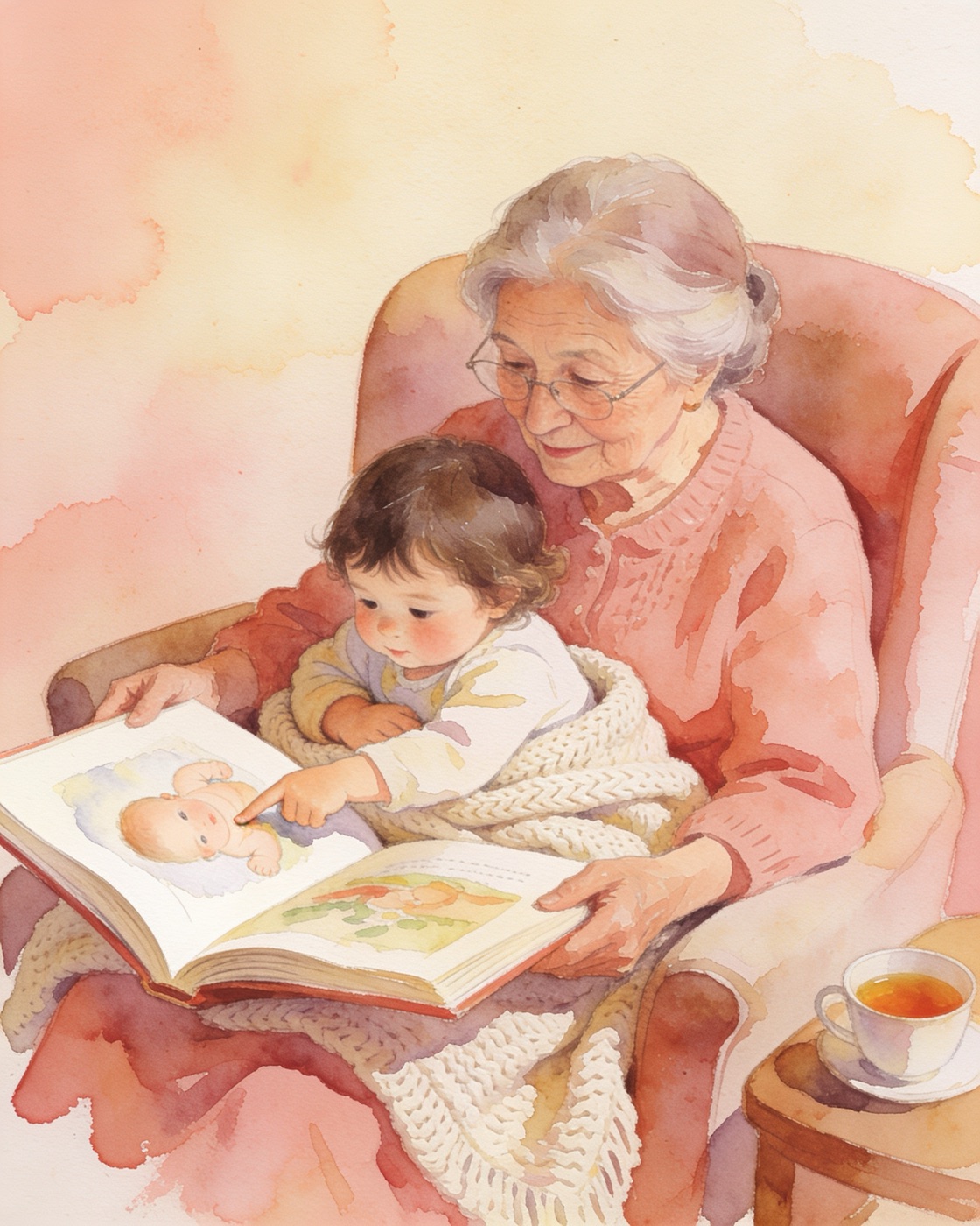Oma liest ihrem Enkelkind aus einem illustrierten Buch vor