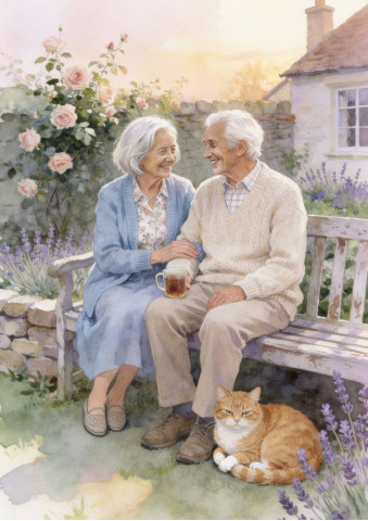 Full-page illustration: the couple today on a garden bench with tea and their ginger cat
