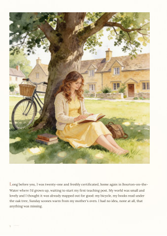 Sample page: Margaret at twenty-one, cycling through a Cotswold village with a satchel of books