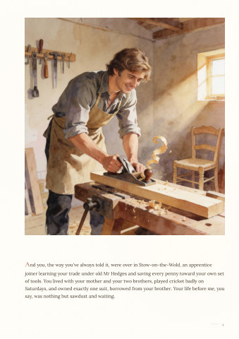 Sample page: Arthur as an apprentice joiner in a workshop full of sawdust