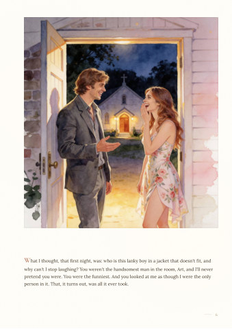 Sample page: a lanky young man in a borrowed jacket, laughing on the dance floor