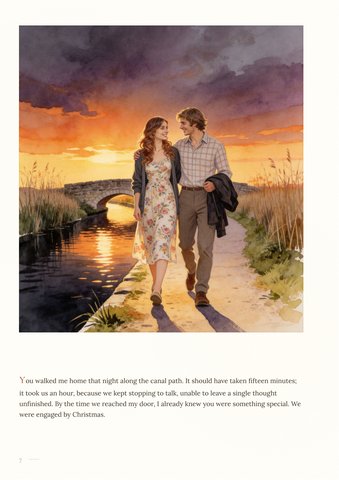 Sample page: the young couple walking home along the canal at sunset