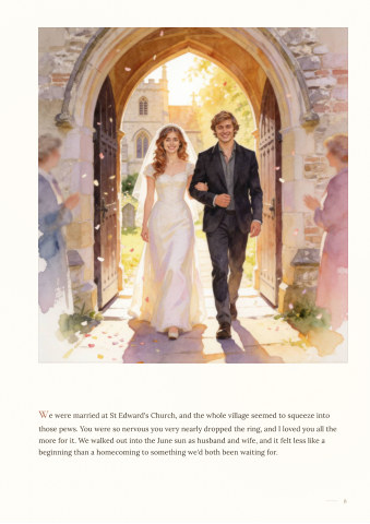 Sample page: the couple leaving the church on their wedding day