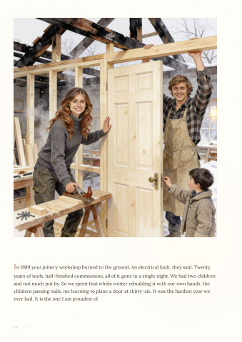 Sample page: rebuilding the burnt-out joinery workshop by hand, with the children helping