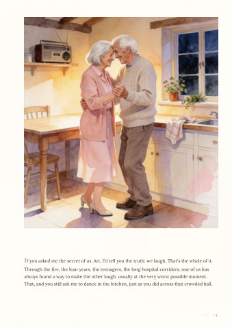 Sample page: the couple, now grey, dancing in their kitchen