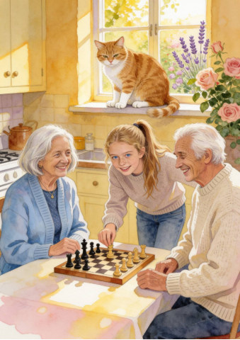 Full-page illustration: chess at the kitchen table with their granddaughter, the cat on the windowsill