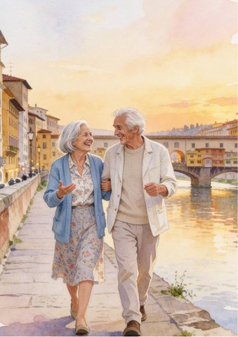 Back cover of the sample book: the couple walking beside the Arno in Florence at sunset