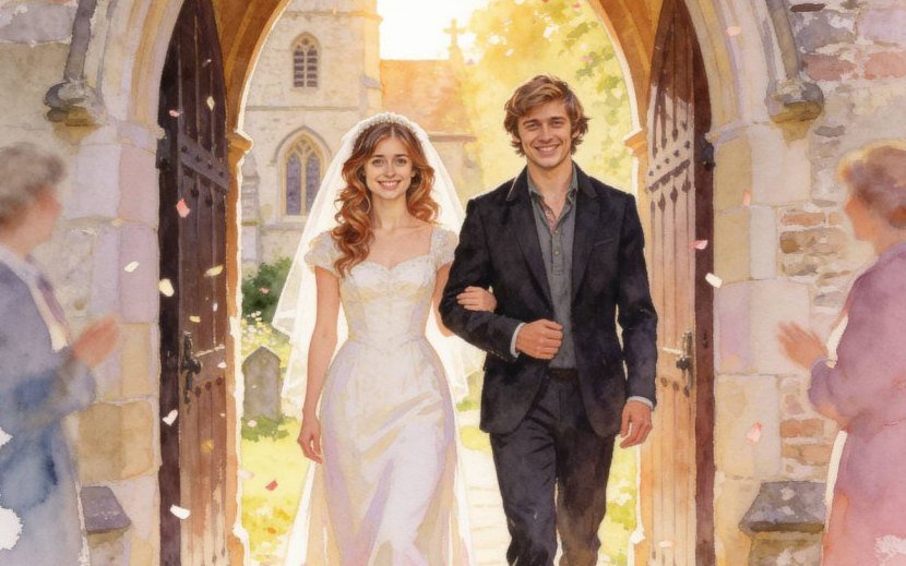 Watercolour illustration of a young bride and groom walking out of a stone church arch, confetti in the air