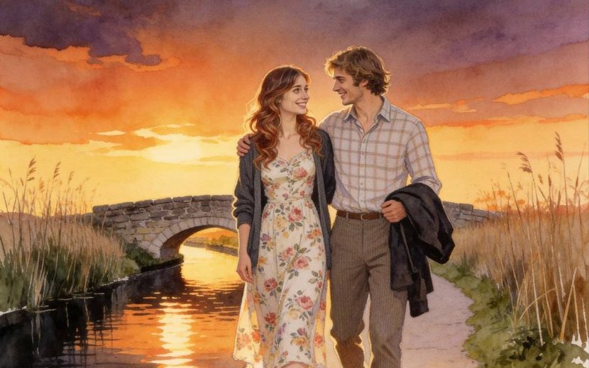 Watercolour illustration of a young couple walking arm in arm along a canal path at sunset, a stone bridge behind them