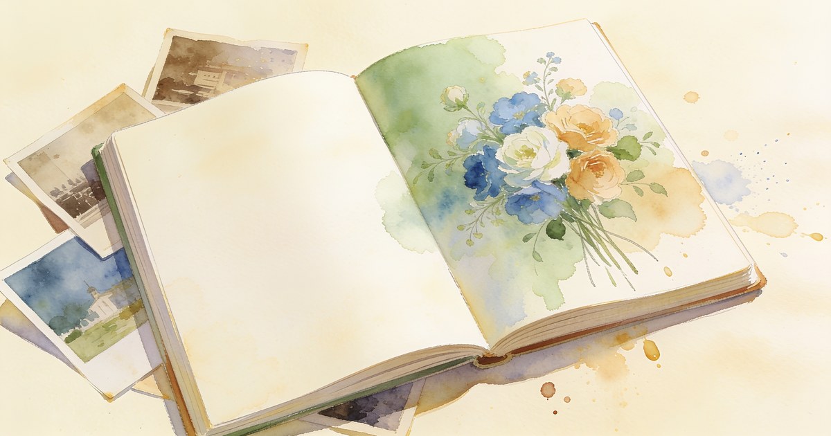 Aquarell-Illustration von Großeltern, die gemeinsam ihr eigenes Lebensgeschichten-Buch lesen