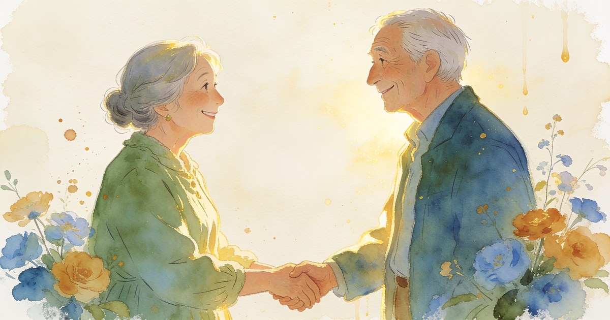 Watercolour illustration of an elderly couple holding hands