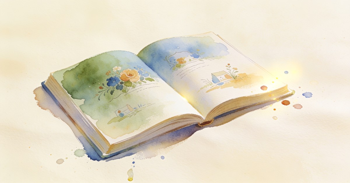 Watercolour illustration of an AI-generated personalised book open on a table