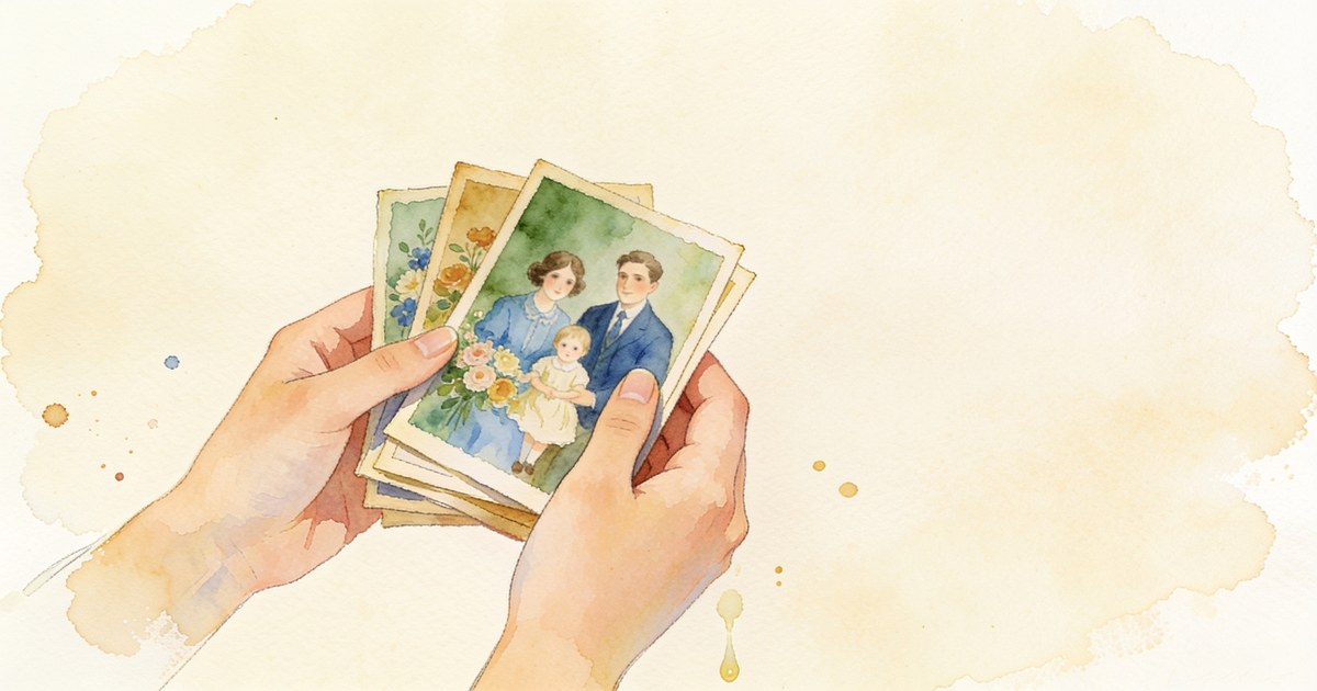 Aquarell-Illustration eines Lebensgeschichten-Buchs mit alten Fotos