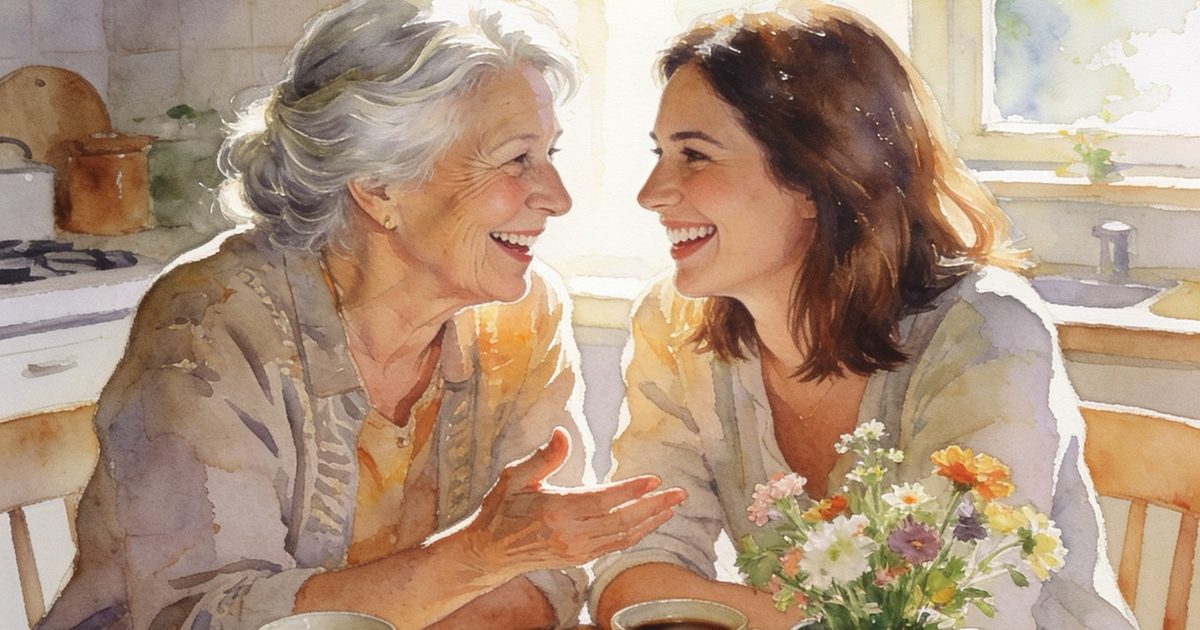 Watercolour of a mother and her grown-up daughter laughing together at the kitchen table