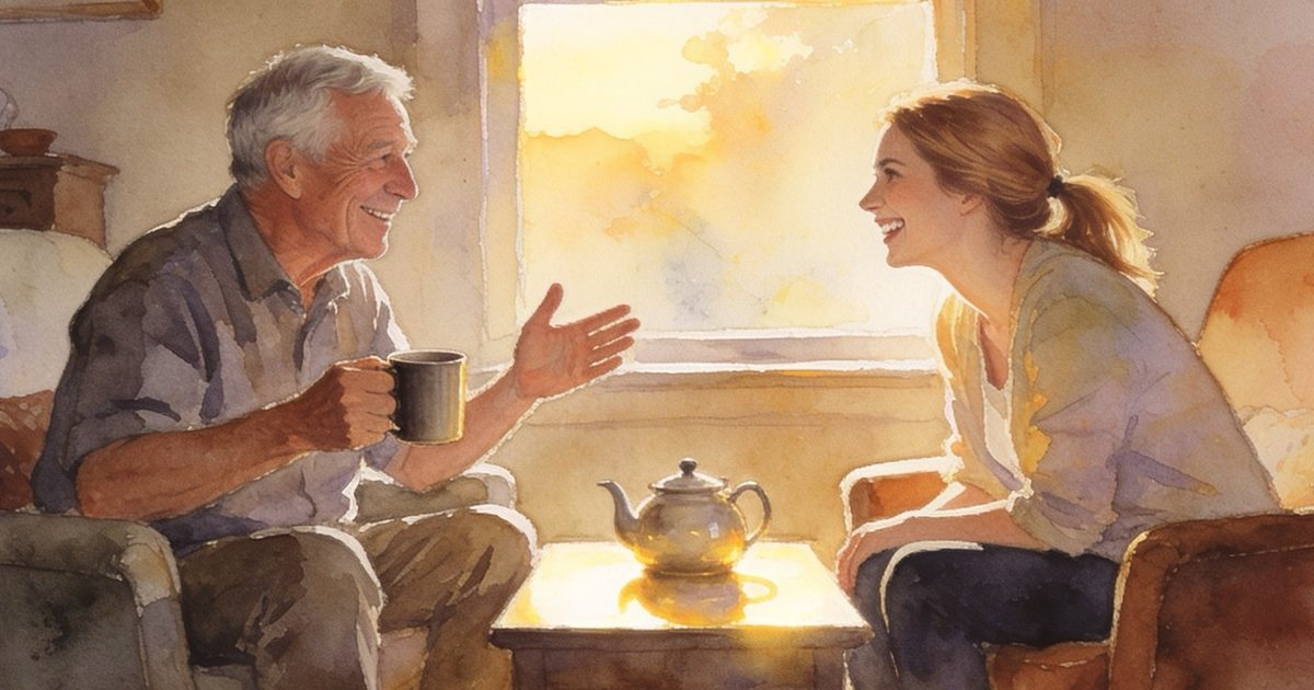 Aquarell: ein Vater erzählt seiner erwachsenen Tochter bei einer Tasse Tee aus seinem Leben