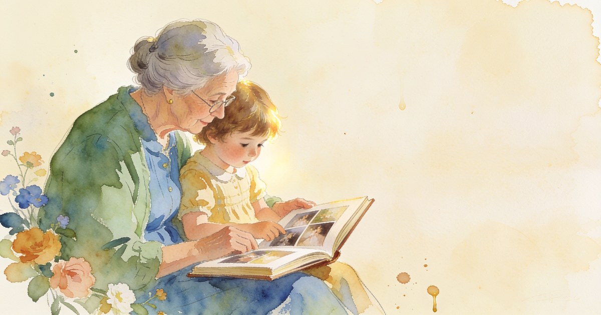 Aquarell-Illustration einer Oma und eines Enkelkinds mit Fotoalbum